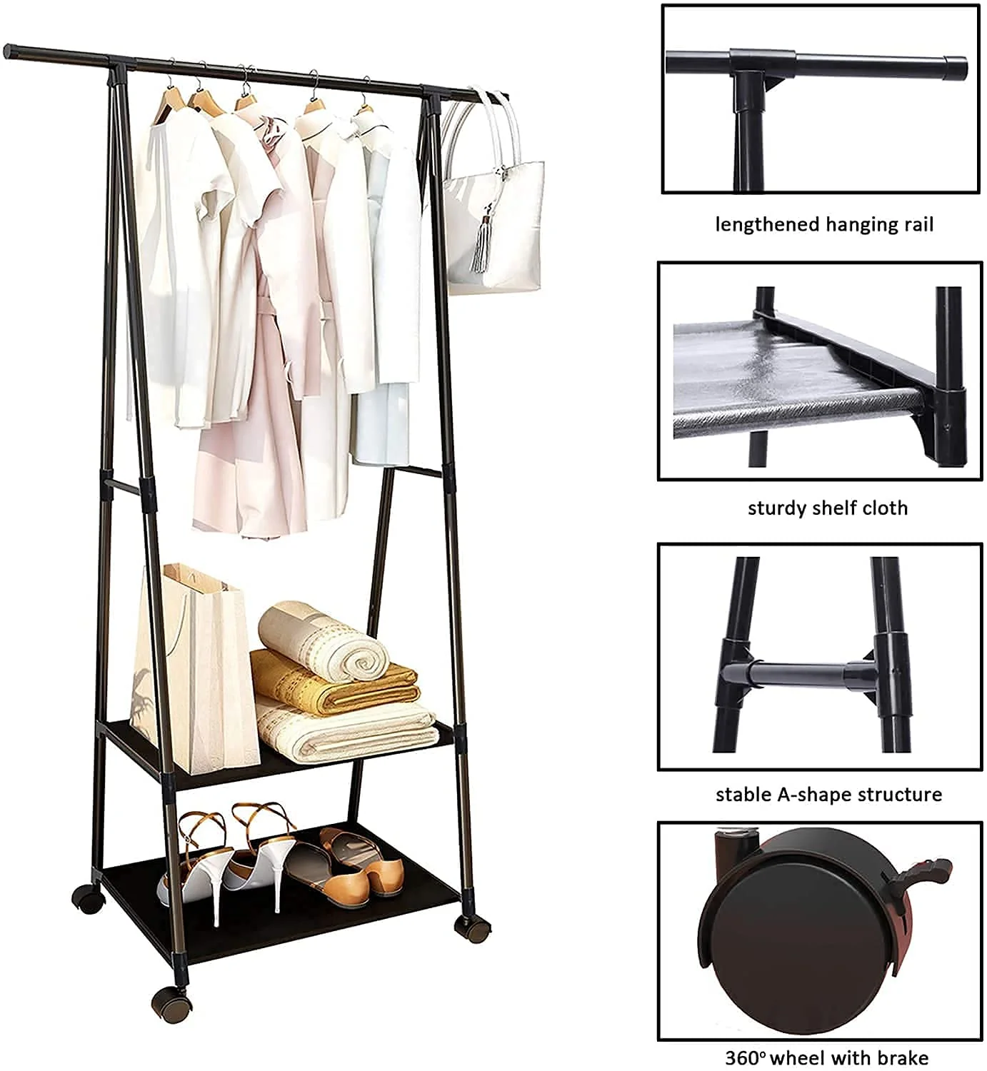 Lukzer A- Shape Metal Multipurpose Garment Rack with 2 Bottom Shelves Black - Image 4
