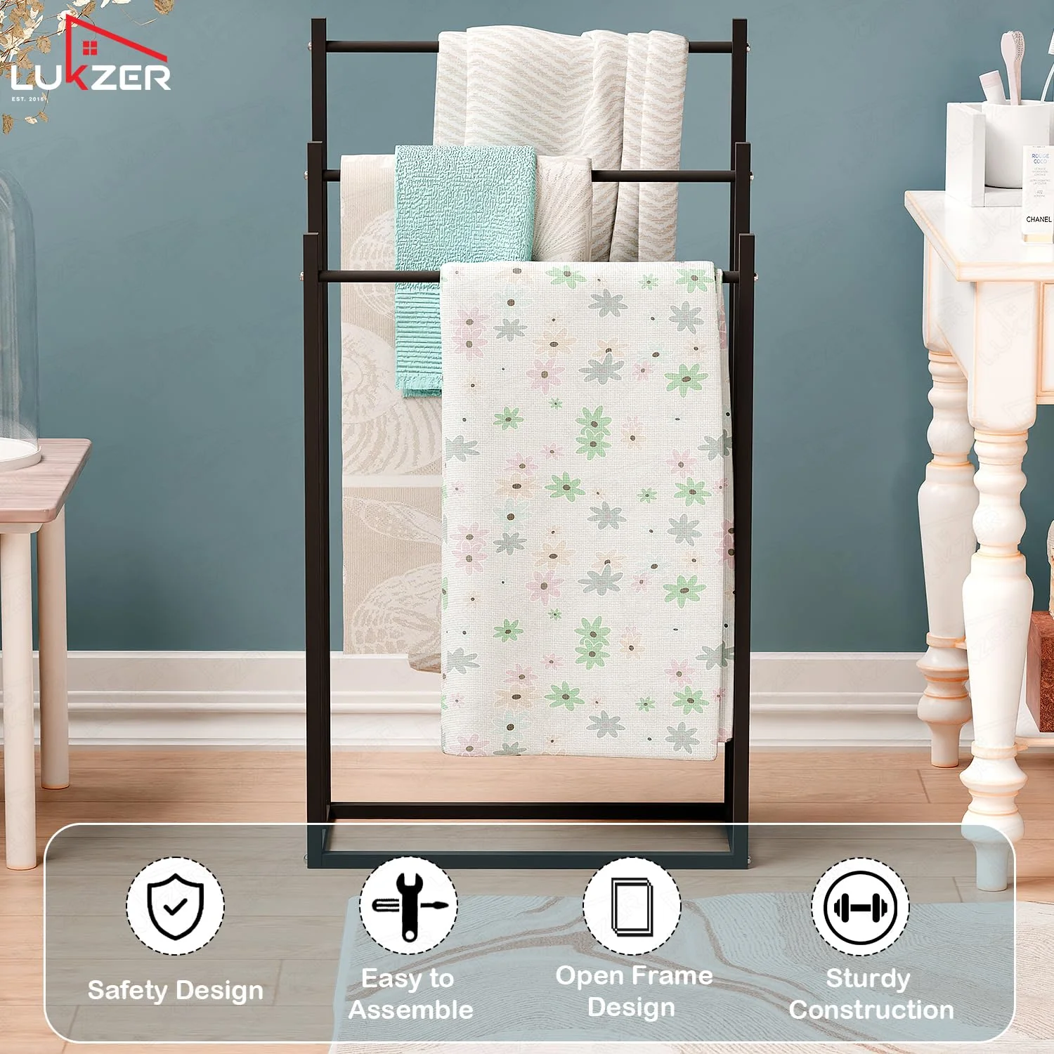 Lukzer Freestanding Sturdy Metal 3-Bar Towel Hanging Stand (MGS-007/Black) - Image 3