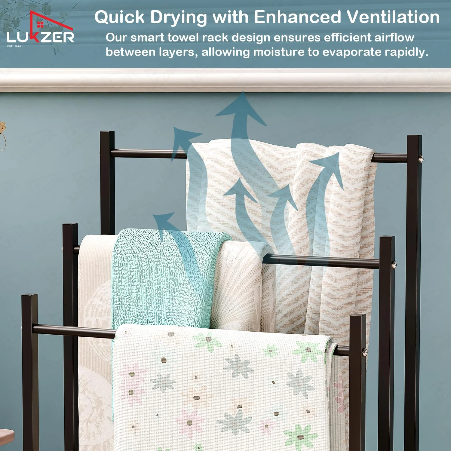 Lukzer Freestanding Sturdy Metal 3-Bar Towel Hanging Stand (MGS-007/Black) - Image 6