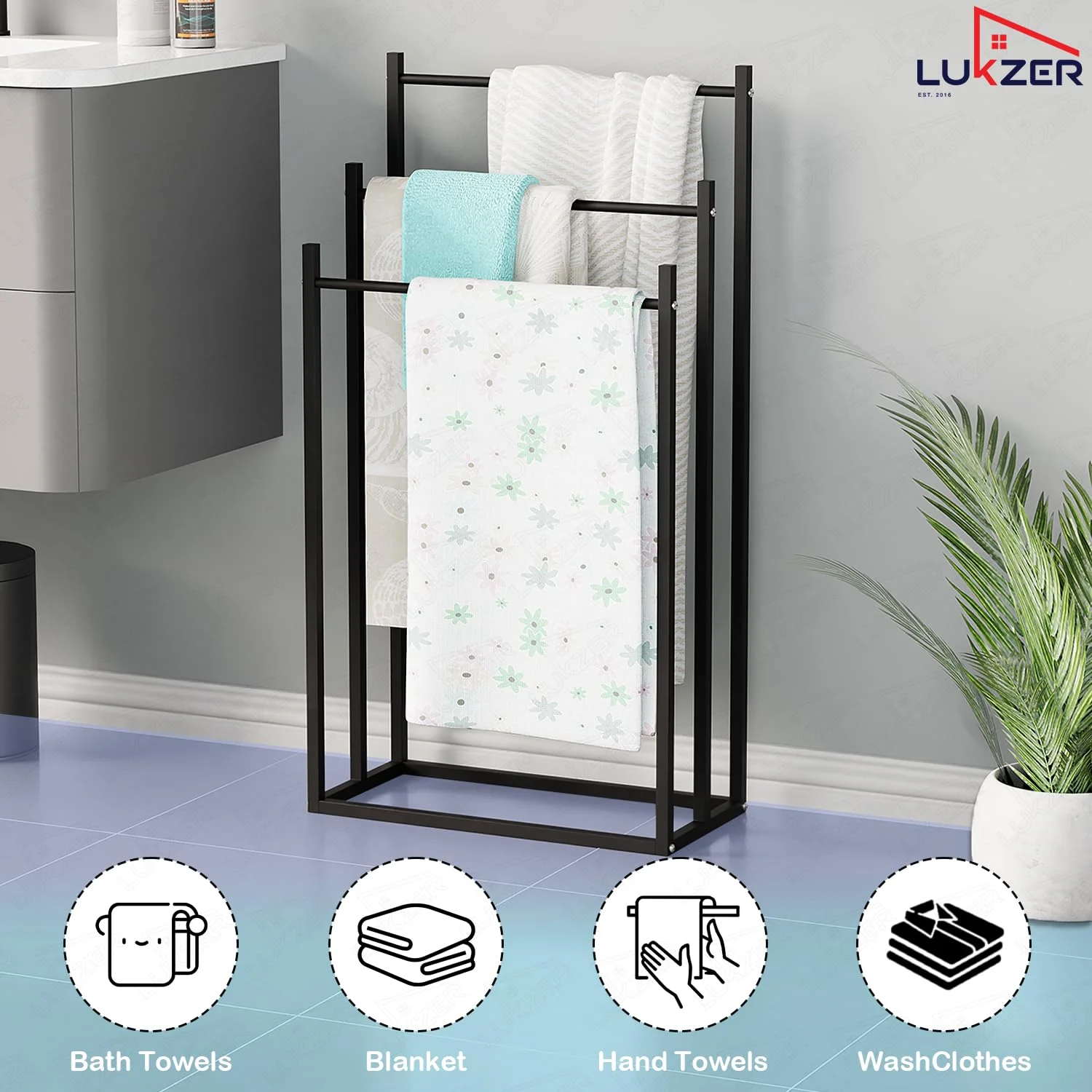 Lukzer Freestanding Sturdy Metal 3-Bar Towel Hanging Stand (MGS-007/Black) - Image 7