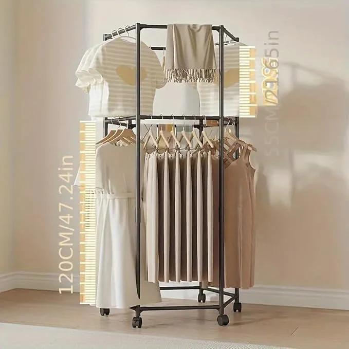 360° Rotating Hexagonal Clothes Drying Rack | Double Layer Metal Floor-Standing Coat Hanger with Wheels | Freestanding Storage Organizer for Bedroom, Balcony & Dorm – (White/Black) - Image 10