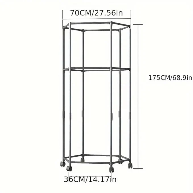 360° Rotating Hexagonal Clothes Drying Rack | Double Layer Metal Floor-Standing Coat Hanger with Wheels | Freestanding Storage Organizer for Bedroom, Balcony & Dorm – (White/Black) - Image 12