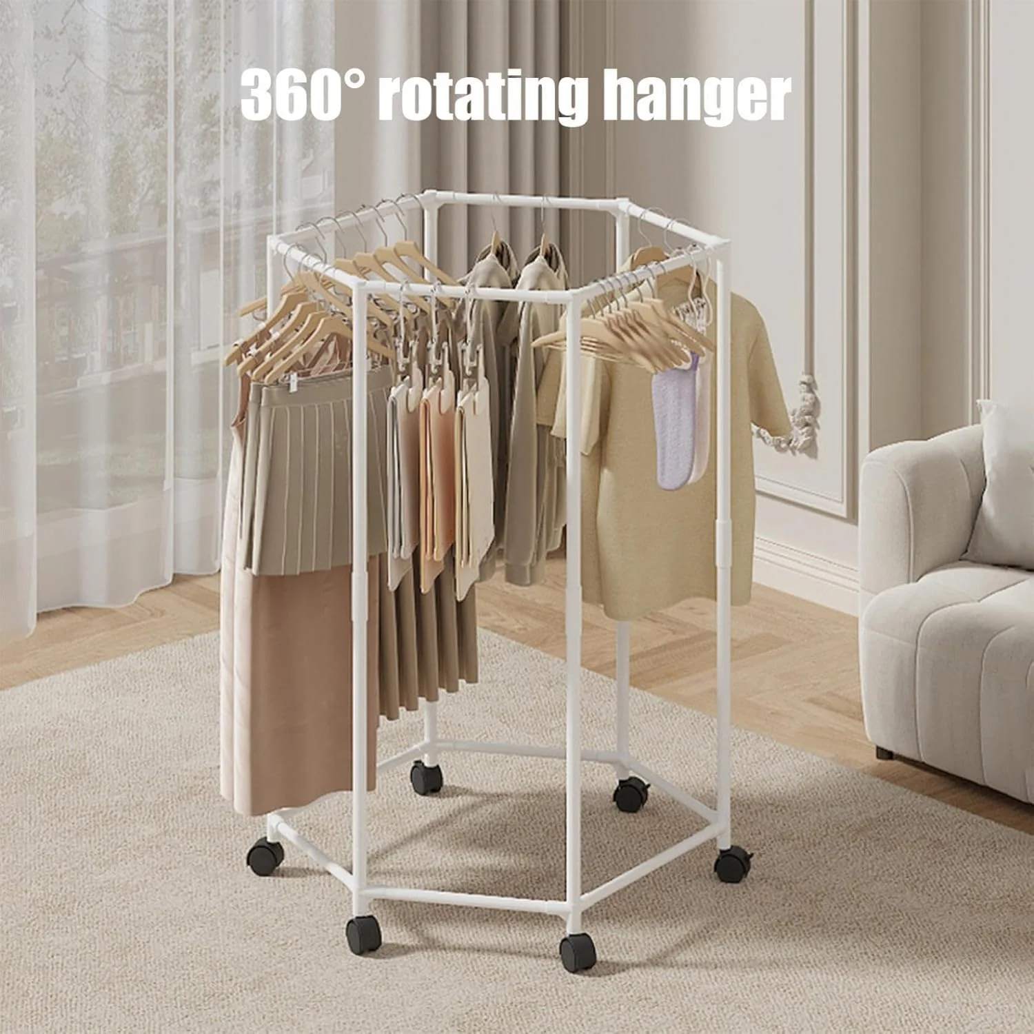 360° Rotating Hexagonal Clothes Drying Rack | Double Layer Metal Floor-Standing Coat Hanger with Wheels | Freestanding Storage Organizer for Bedroom, Balcony & Dorm – (White/Black) - Image 4
