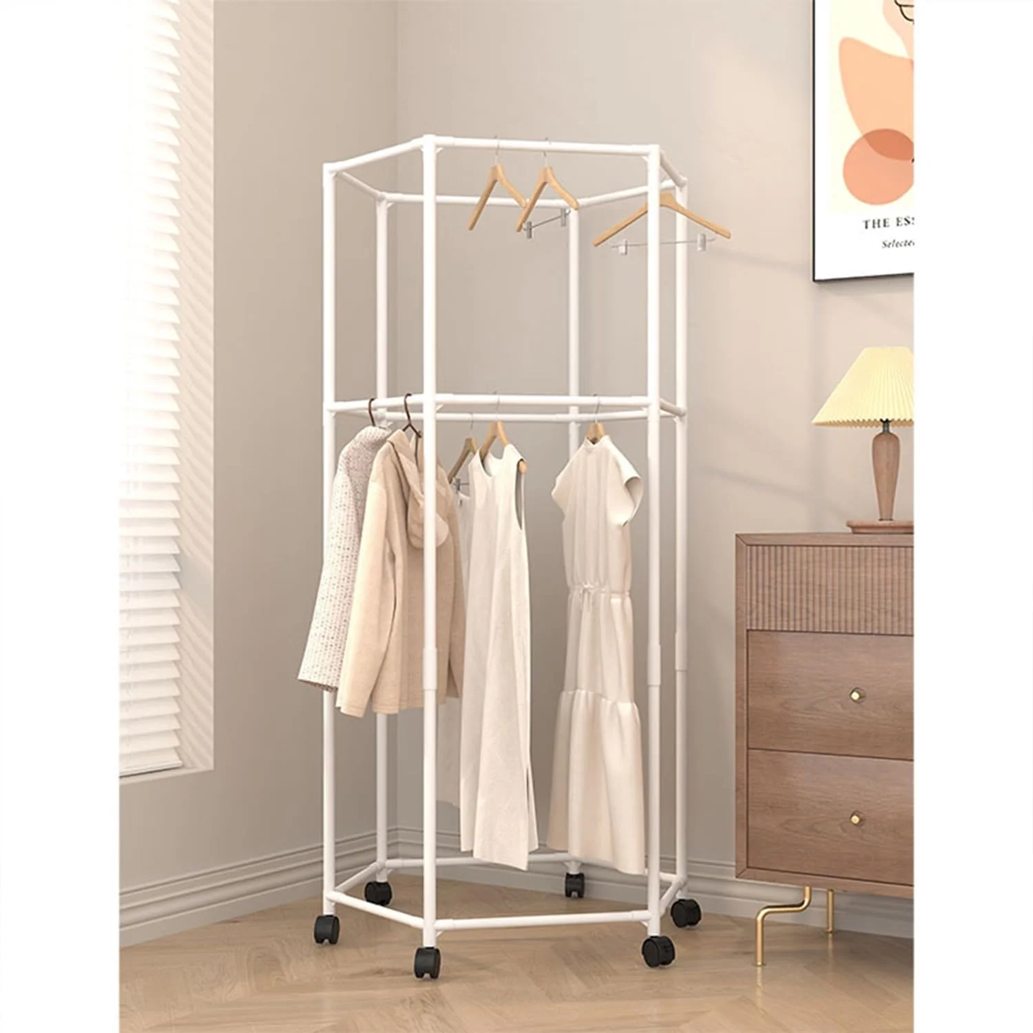 360° Rotating Hexagonal Clothes Drying Rack | Double Layer Metal Floor-Standing Coat Hanger with Wheels | Freestanding Storage Organizer for Bedroom, Balcony & Dorm – (White/Black) - Image 5