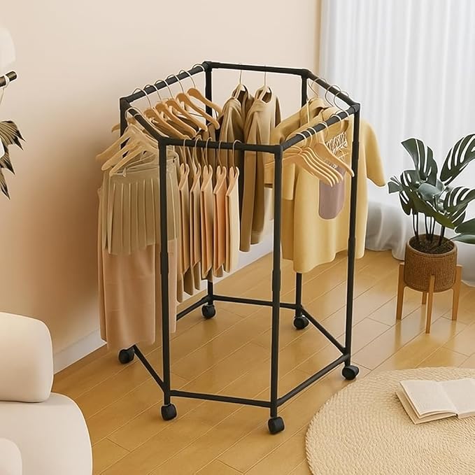 360° Rotating Hexagonal Clothes Drying Rack | Double Layer Metal Floor-Standing Coat Hanger with Wheels | Freestanding Storage Organizer for Bedroom, Balcony & Dorm – (White/Black) - Image 9