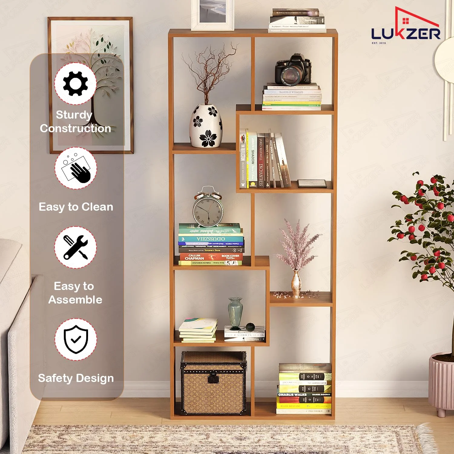 Lukzer 8 Shelves Modern Engineered Wood Book Shelf with Storage Display Rack (MR-004/Oak Brown) - Image 3