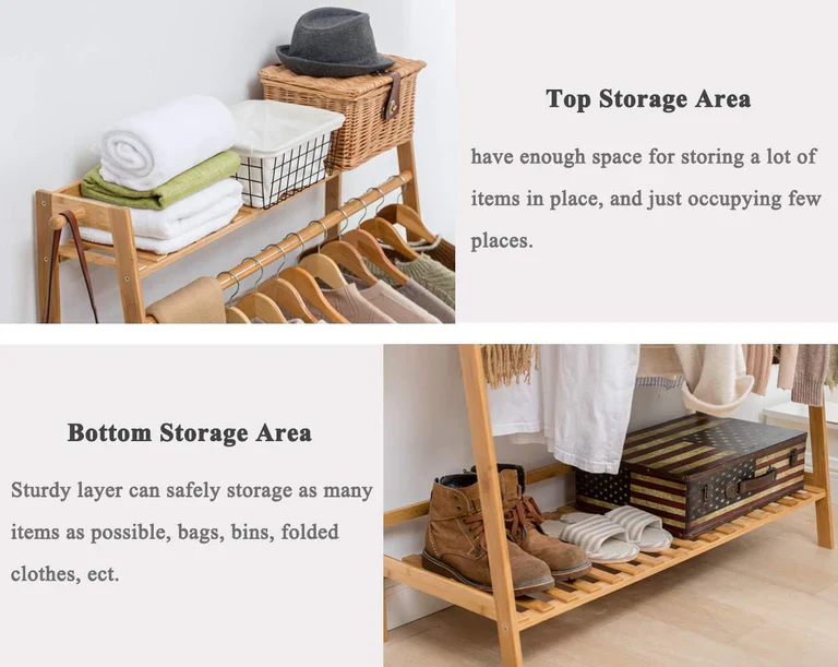 Lukzer Bamboo Garment Stand with Top & Bottom Shelves (CH-498) - Image 3