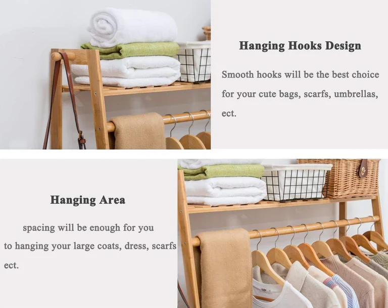 Lukzer Bamboo Garment Stand with Top & Bottom Shelves (CH-498) - Image 4