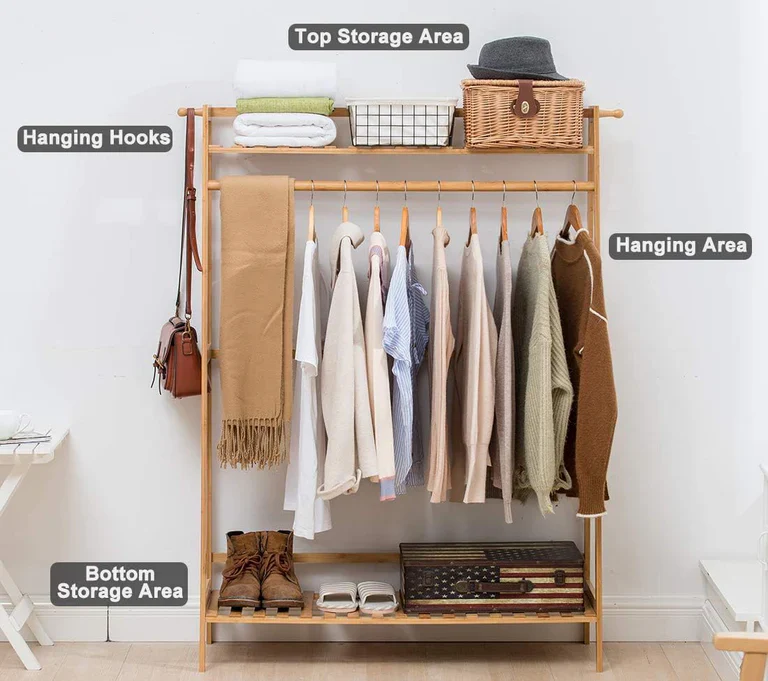 Lukzer Bamboo Garment Stand with Top & Bottom Shelves (CH-498) - Image 5