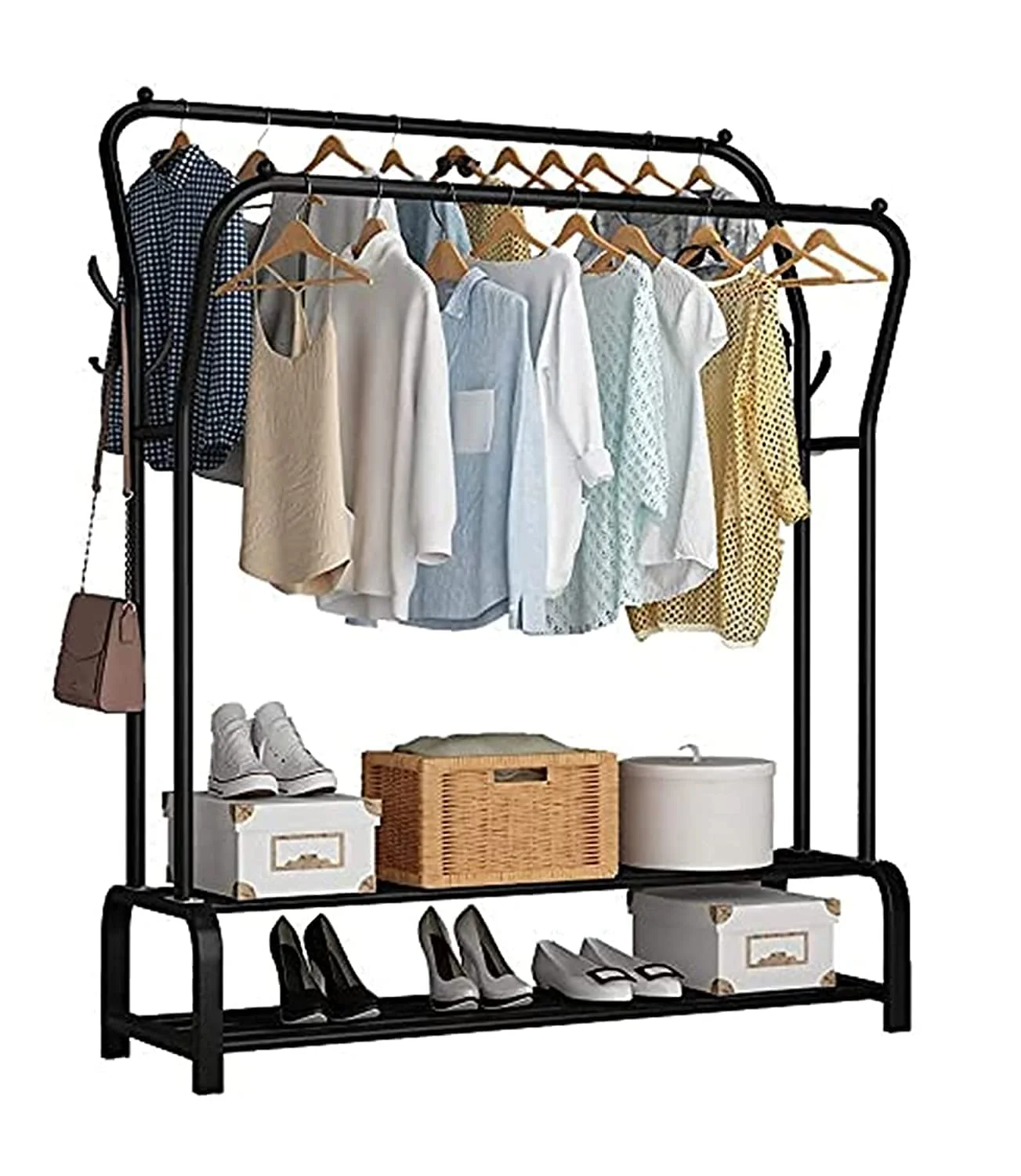 Lukzer Metal Cloth Stand with 2 Hanging Rods & Dual Storage Shelves (MGS-003/Black) - Image 3