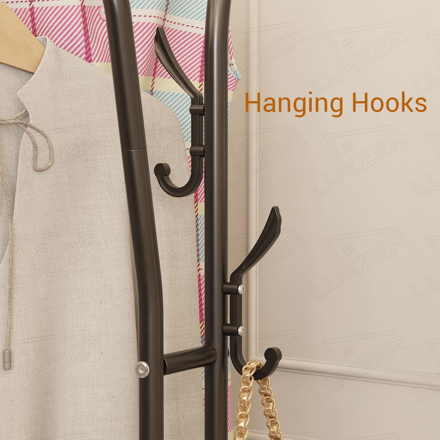 Lukzer Metal Cloth Stand with 2 Hanging Rods & Dual Storage Shelves (MGS-003/Black) - Image 5