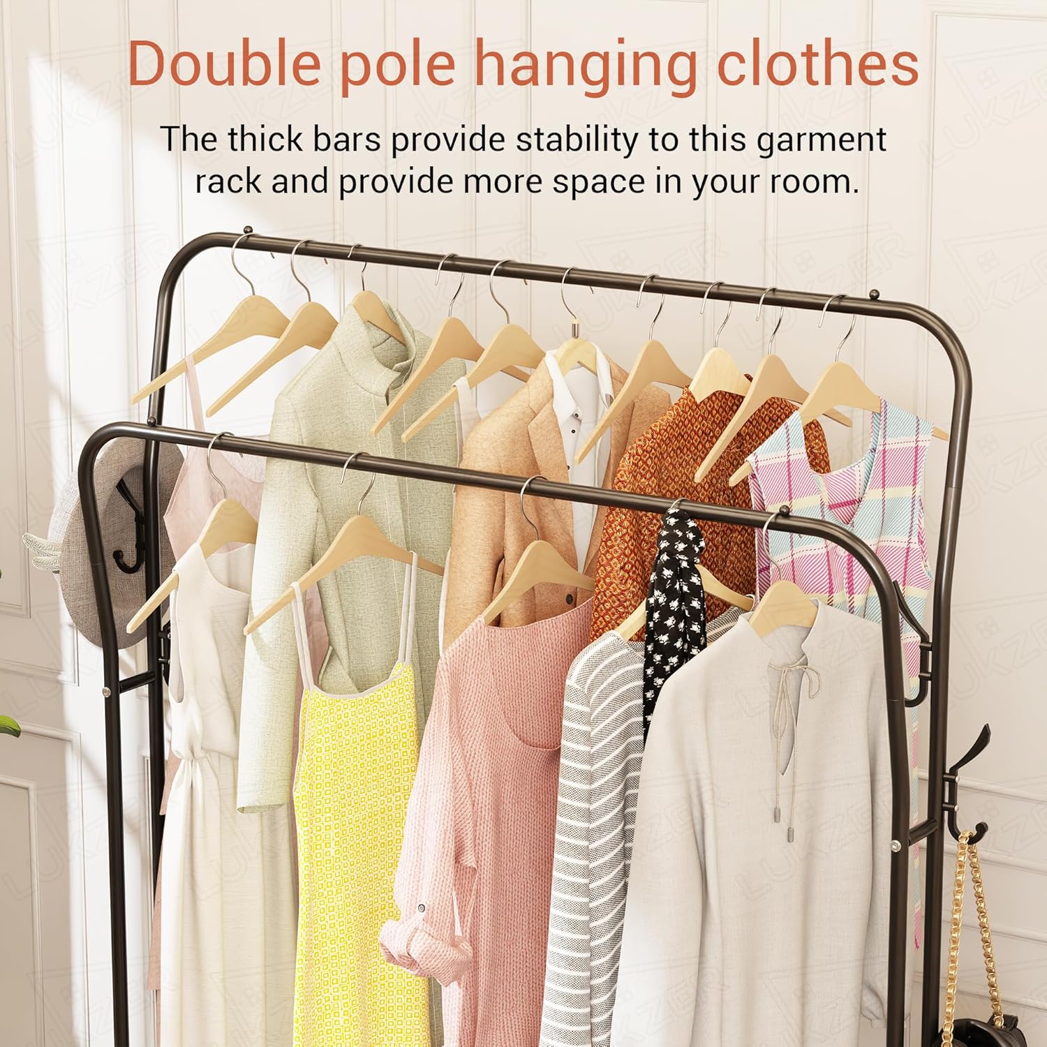 Lukzer Metal Cloth Stand with 2 Hanging Rods & Dual Storage Shelves (MGS-003/Black) - Image 6