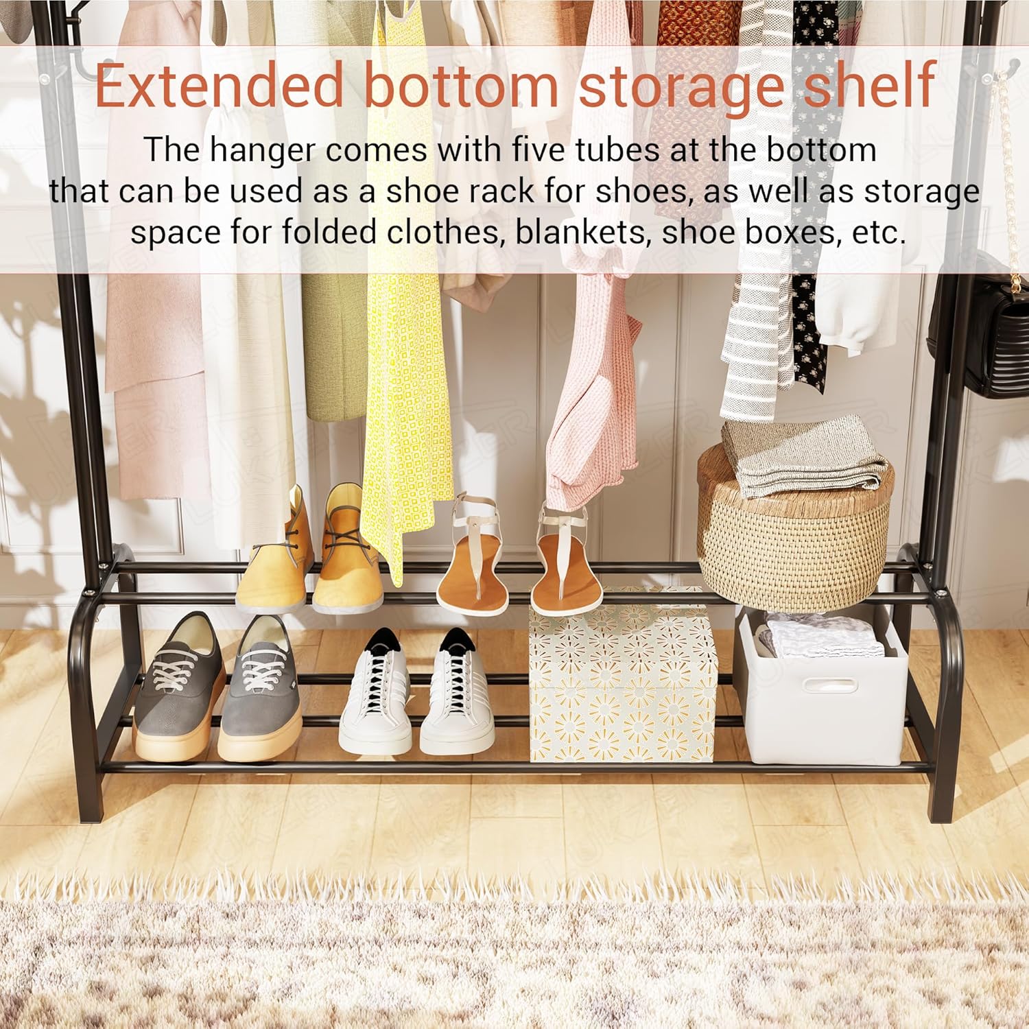 Lukzer Metal Cloth Stand with 2 Hanging Rods & Dual Storage Shelves (MGS-003/Black) - Image 7