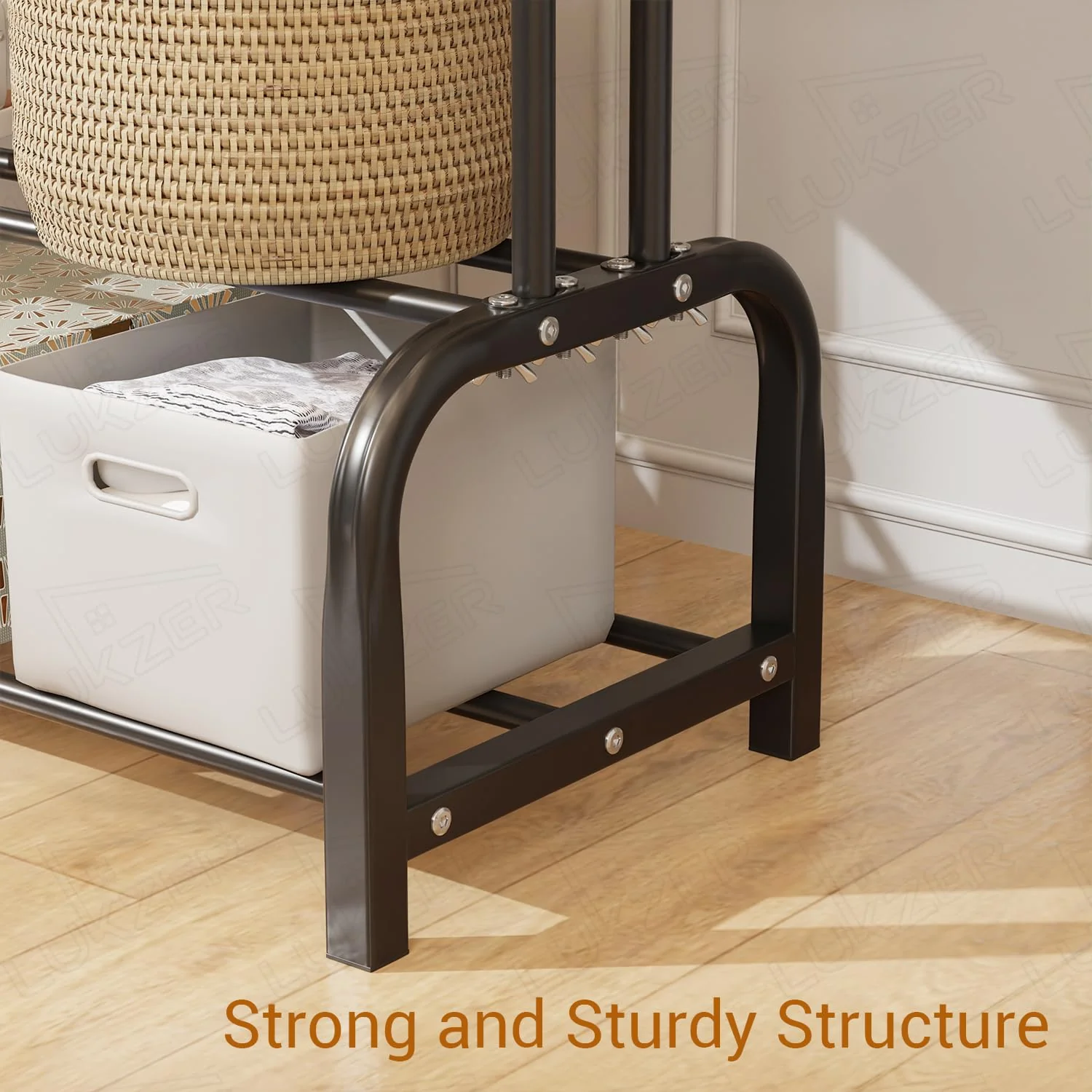 Lukzer Metal Cloth Stand with 2 Hanging Rods & Dual Storage Shelves (MGS-003/Black) - Image 9