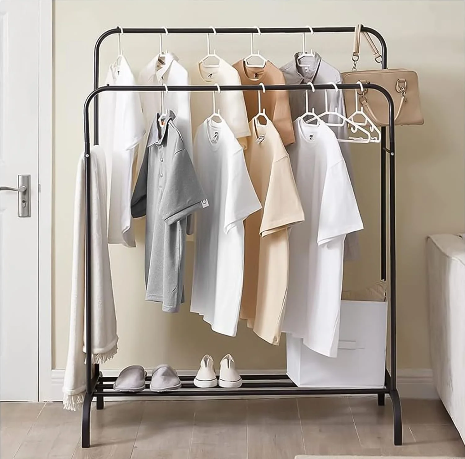 Lukzer Metal Cloth Stand with 2 Hanging Rods & Storage Shelf (MGS-002/Black) - Image 3