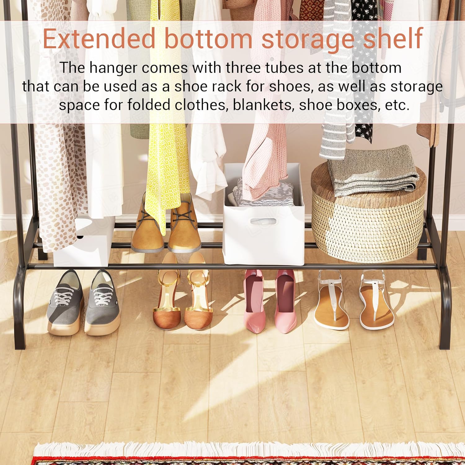 Lukzer Metal Cloth Stand with 2 Hanging Rods & Storage Shelf (MGS-002/Black) - Image 6