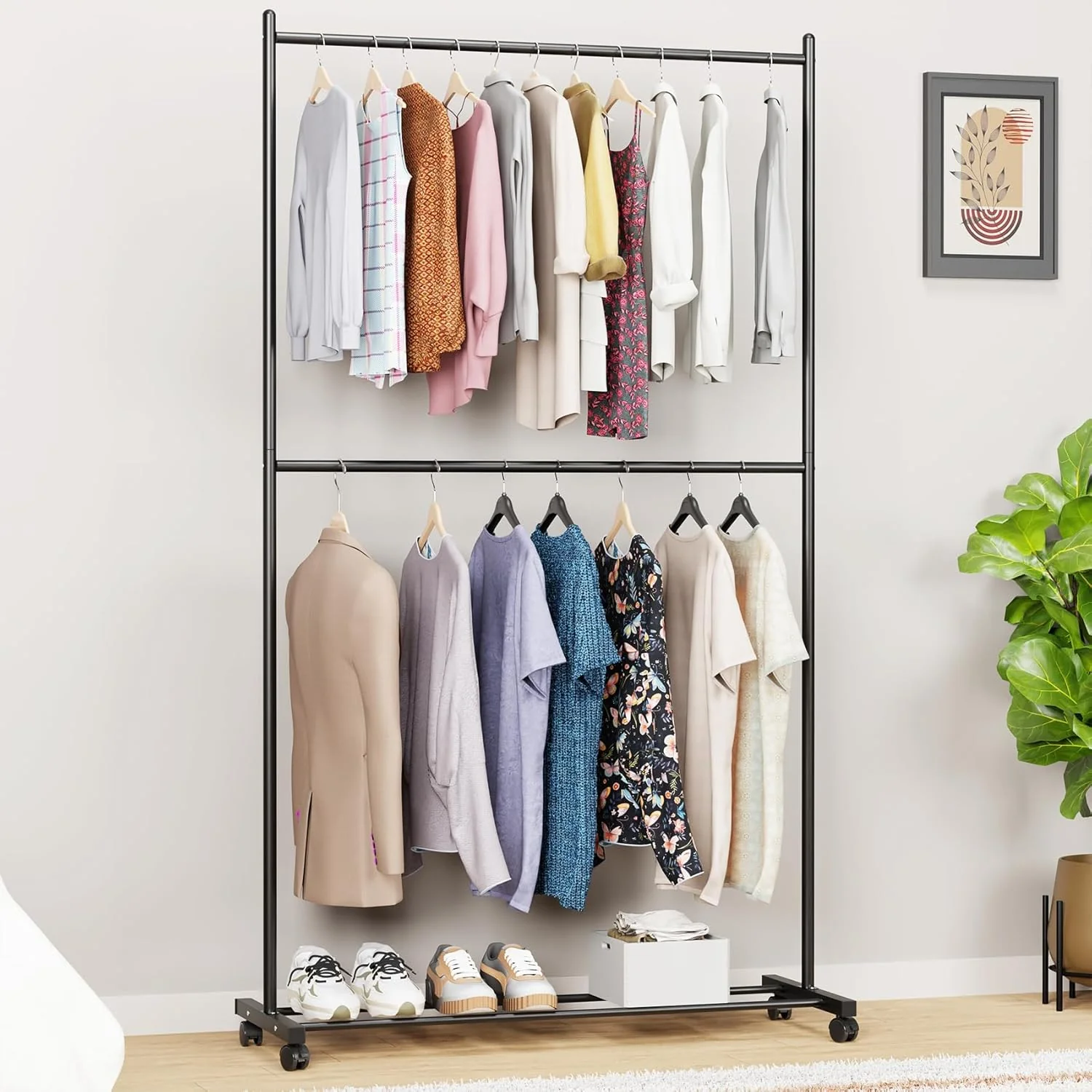 Lukzer Metal Double Rod Cloth Stand with Bottom Shelf & Wheels (MGS-006/Black) - Image 3