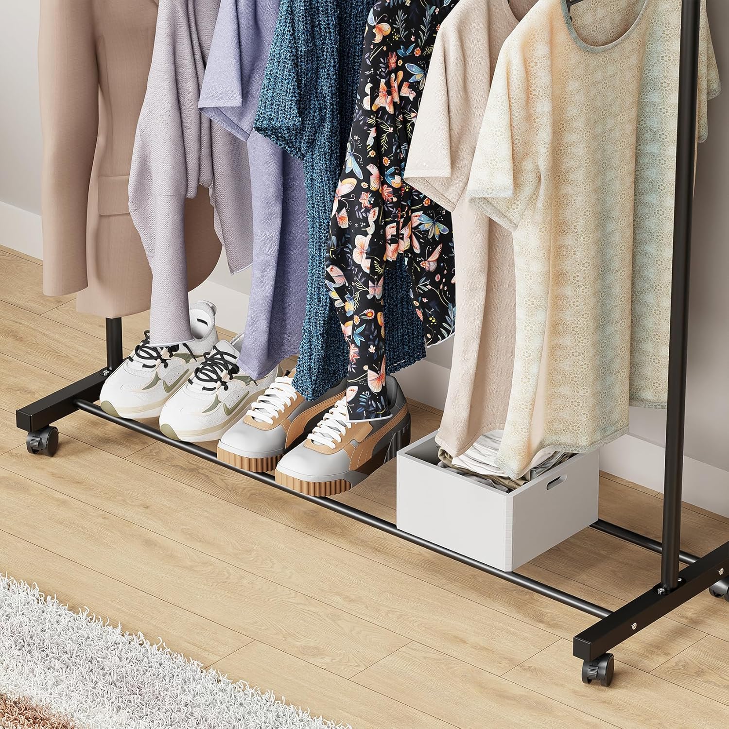 Lukzer Metal Double Rod Cloth Stand with Bottom Shelf & Wheels (MGS-006/Black) - Image 4