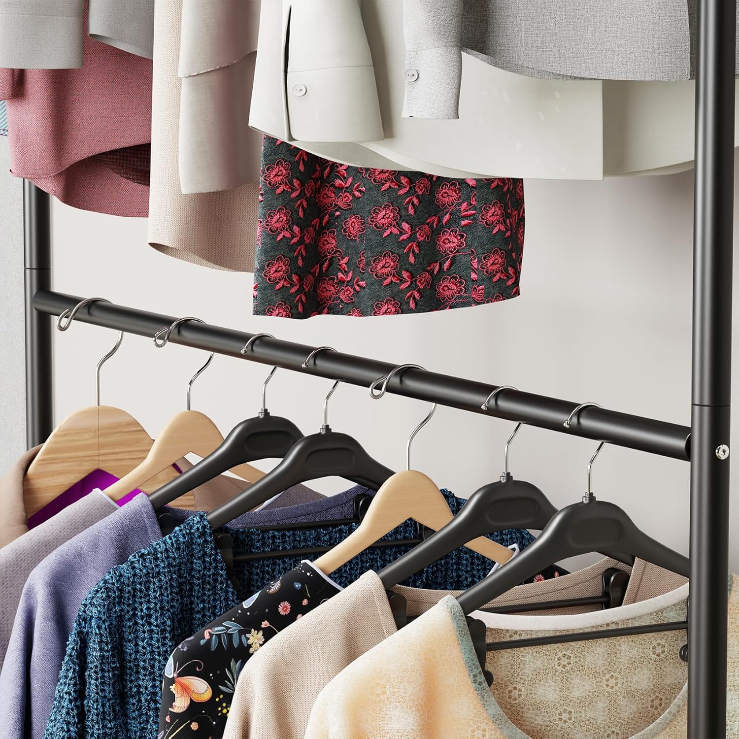 Lukzer Metal Double Rod Cloth Stand with Bottom Shelf & Wheels (MGS-006/Black) - Image 5