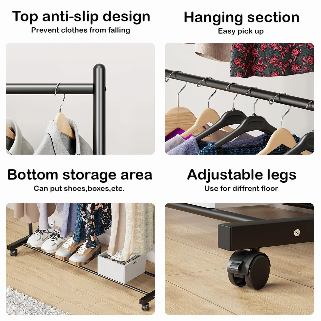 Lukzer Metal Double Rod Cloth Stand with Bottom Shelf & Wheels (MGS-006/Black) - Image 6