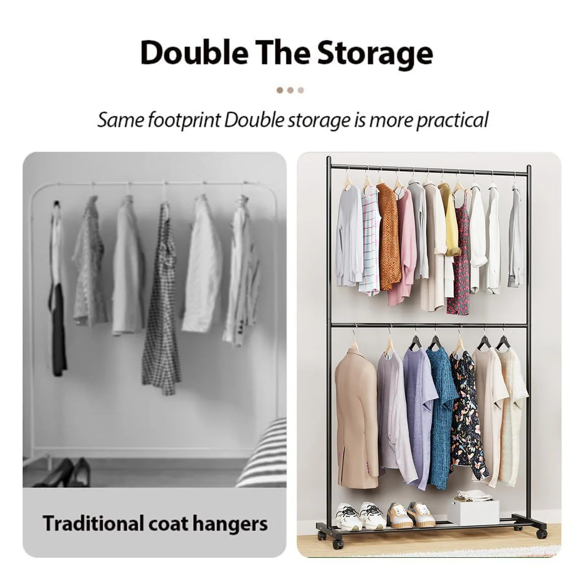 Lukzer Metal Double Rod Cloth Stand with Bottom Shelf & Wheels (MGS-006/Black) - Image 7