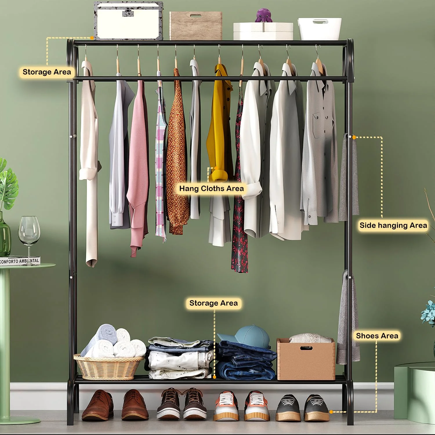 Lukzer Multifunctional Metal Garment Stand with Bottom Shelf (MGS-004/Black) - Image 3