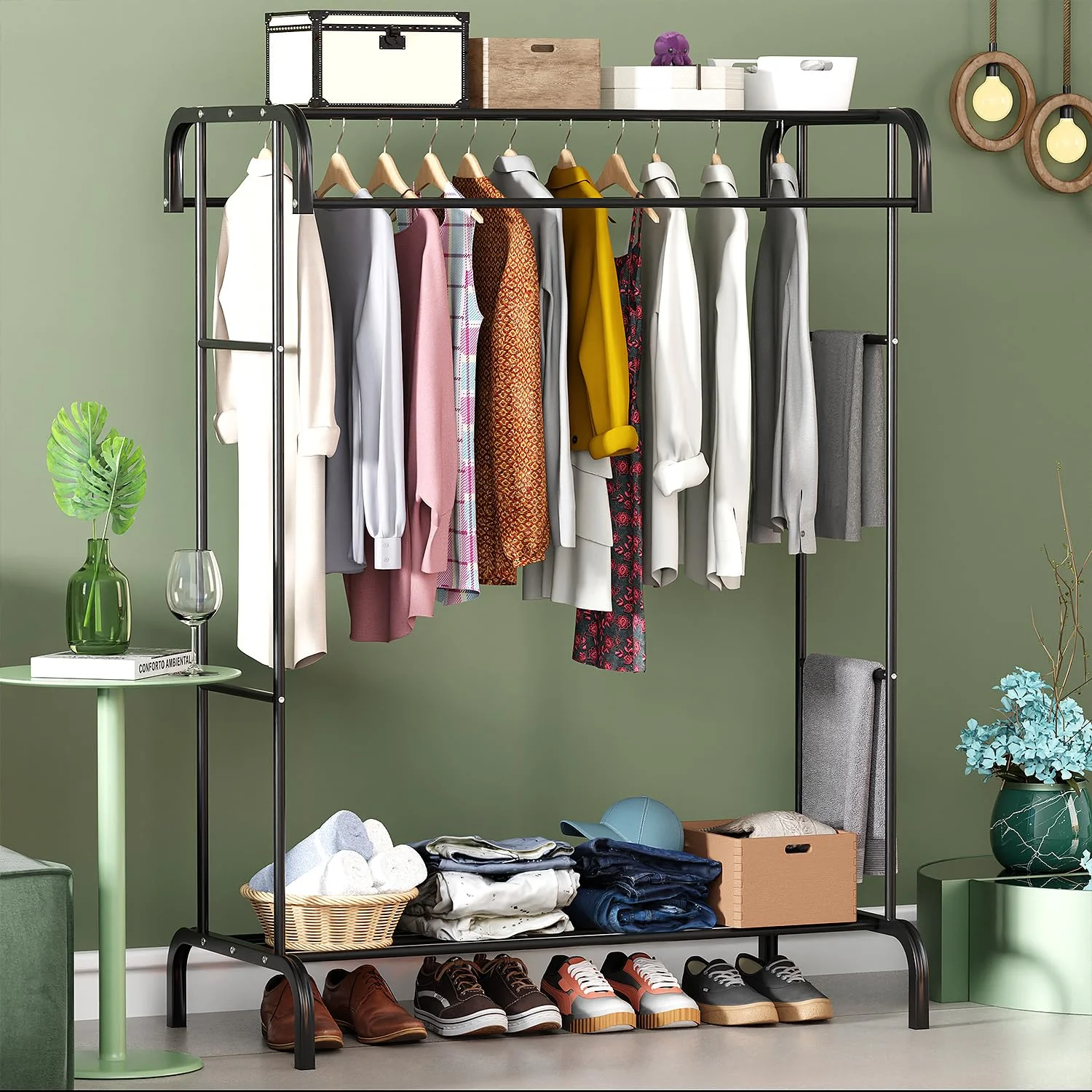 Lukzer Multifunctional Metal Garment Stand with Bottom Shelf (MGS-004/Black) - Image 4