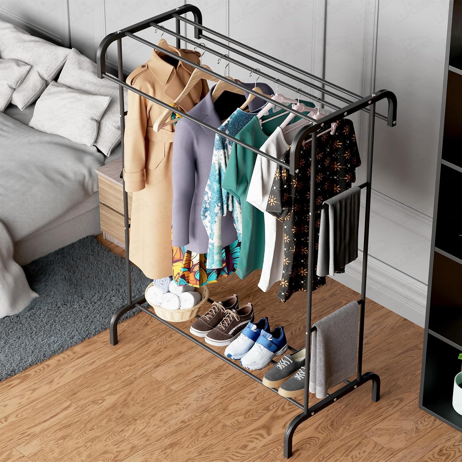 Lukzer Multifunctional Metal Garment Stand with Bottom Shelf (MGS-004/Black) - Image 8