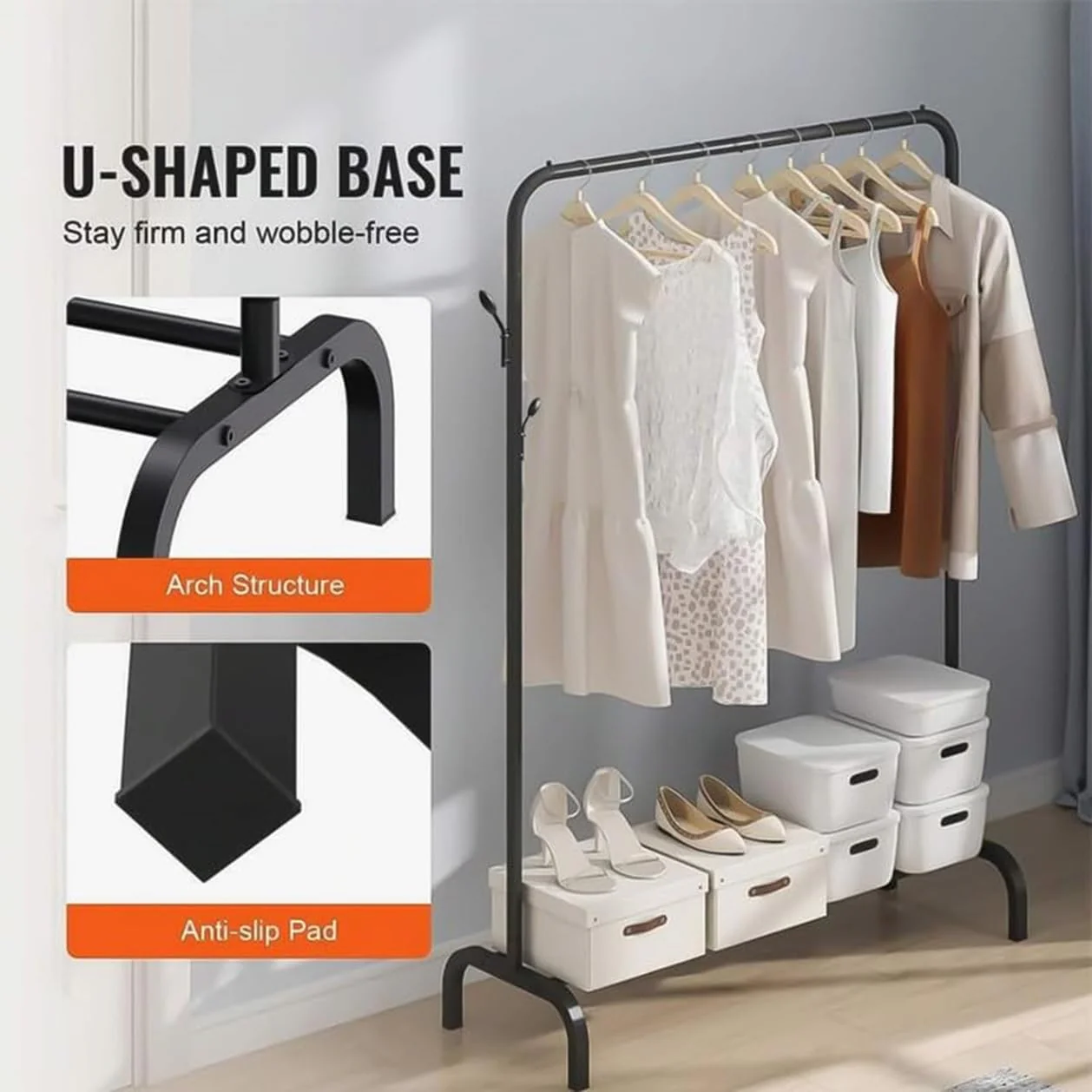 Lukzer Freestanding Metal Cloth Stand with Storage Shelf (MGS-001/Black) - Image 9