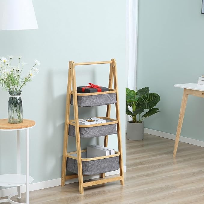 Lukzer 3 Layer Foldable Bamboo Storage Rack with Fabric Baskets (Grey) - Image 3