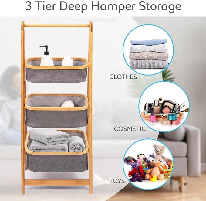 Lukzer 3 Layer Foldable Bamboo Storage Rack with Fabric Baskets (Grey) - Image 4