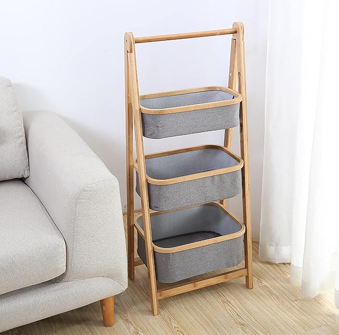 Lukzer 3 Layer Foldable Bamboo Storage Rack with Fabric Baskets (Grey) - Image 6