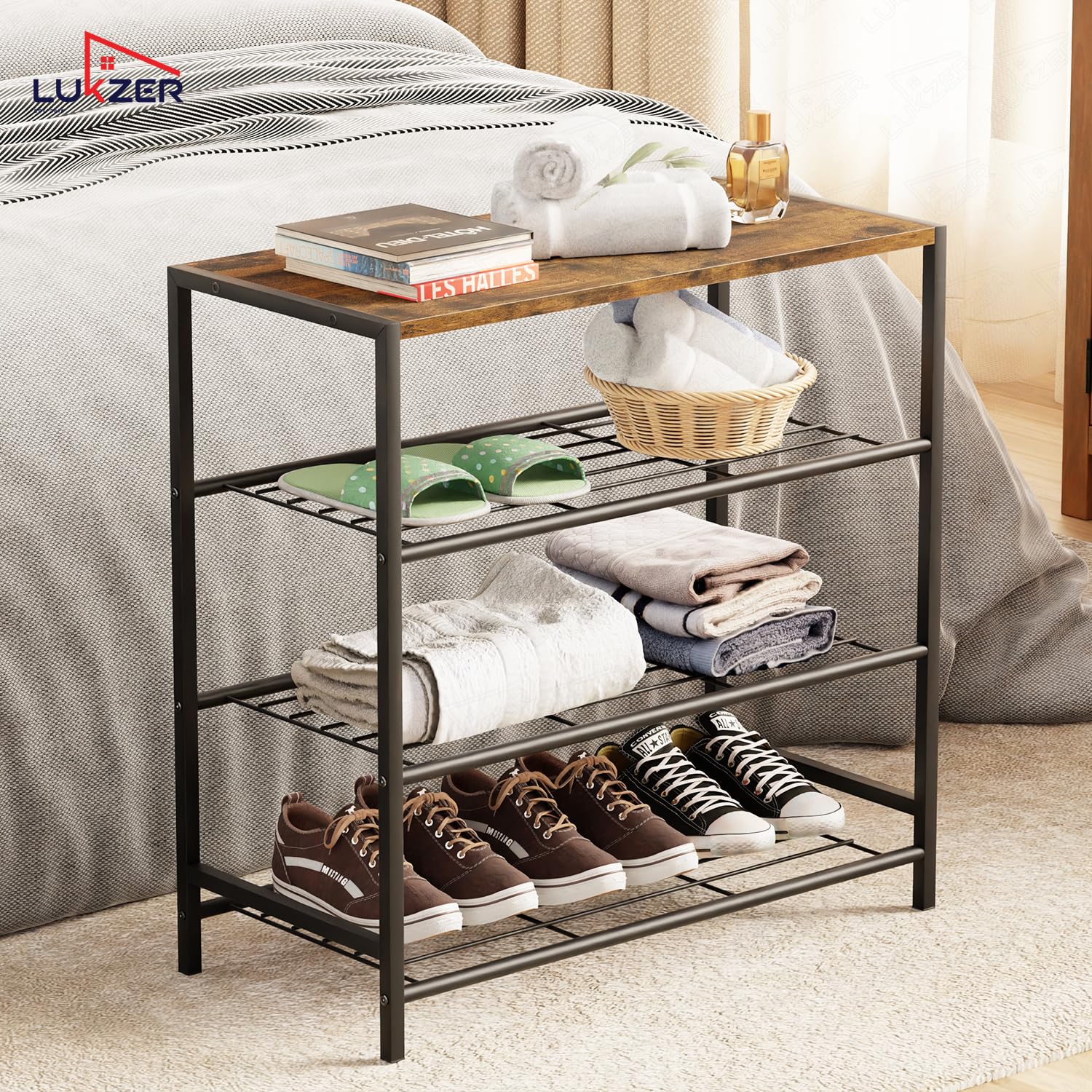 Lukzer 3-tier Metal & Wooden Multipurpose Storage Organiser Rack (Black) - Image 3