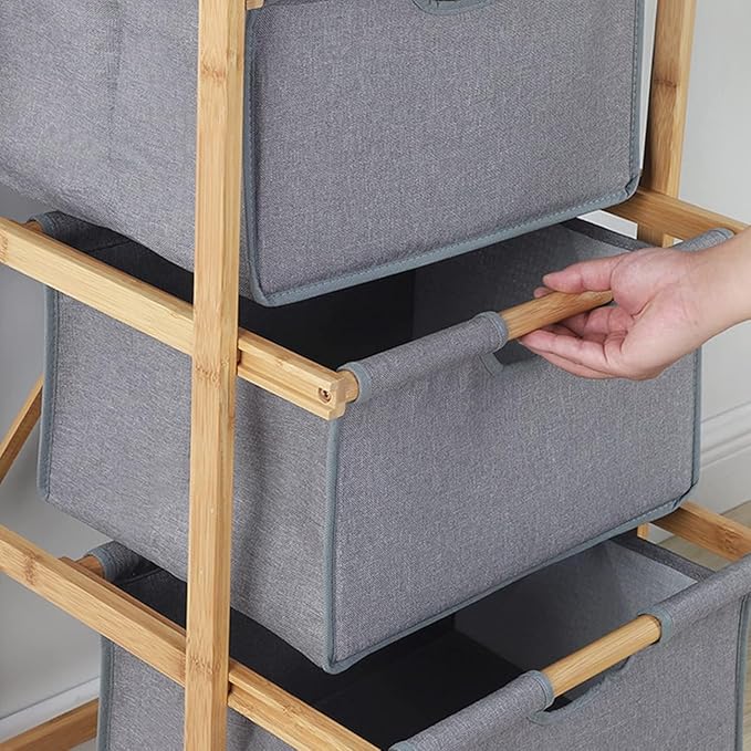 Lukzer 3 Layer Vertical Bamboo Storage Shelf with Removable Fabric Drawers (Grey/CH-011) - Image 3