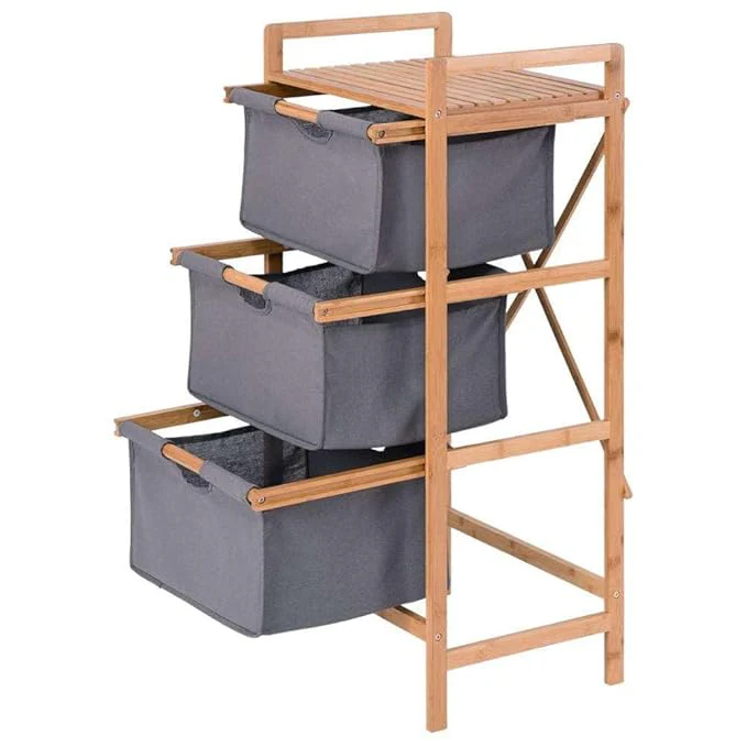 Lukzer 3 Layer Vertical Bamboo Storage Shelf with Removable Fabric Drawers (Grey/CH-011) - Image 4
