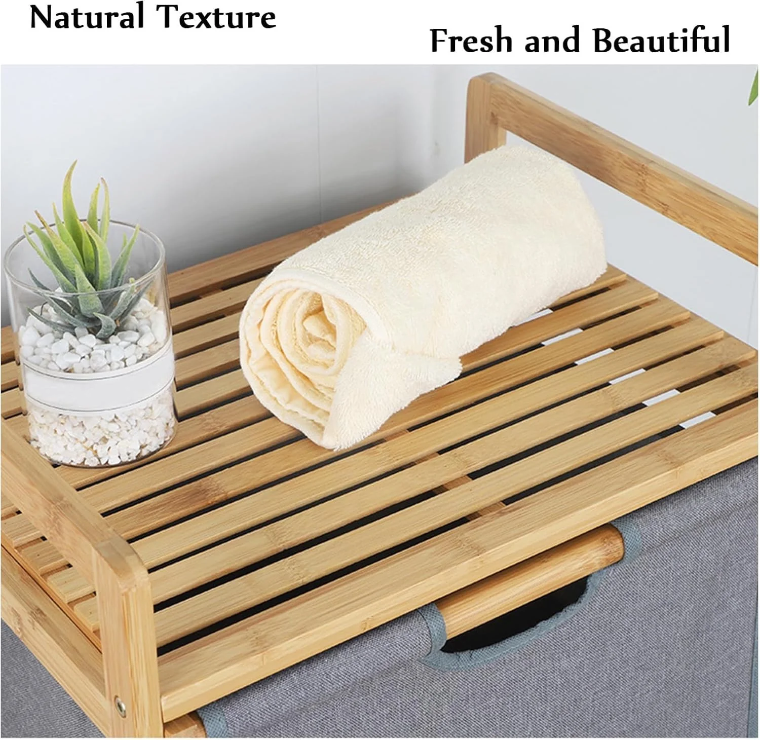 Lukzer 3 Layer Vertical Bamboo Storage Shelf with Removable Fabric Drawers (Grey/CH-011) - Image 5