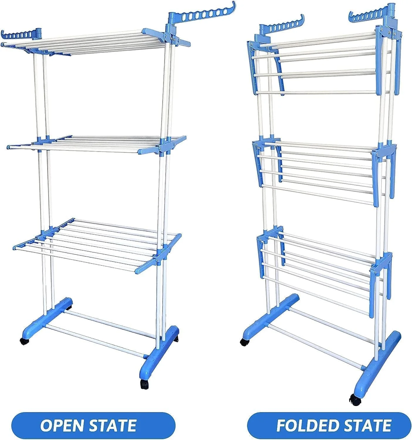 Lukzer 3-Tier Foldable Clothes Drying Rack with Wheels | Stainless Steel Laundry Stand | Space-Saving, Heavy-Duty, Rust-Resistant for Indoor Outdoor Use – Towels, Clothes, Bedsheets - Image 3