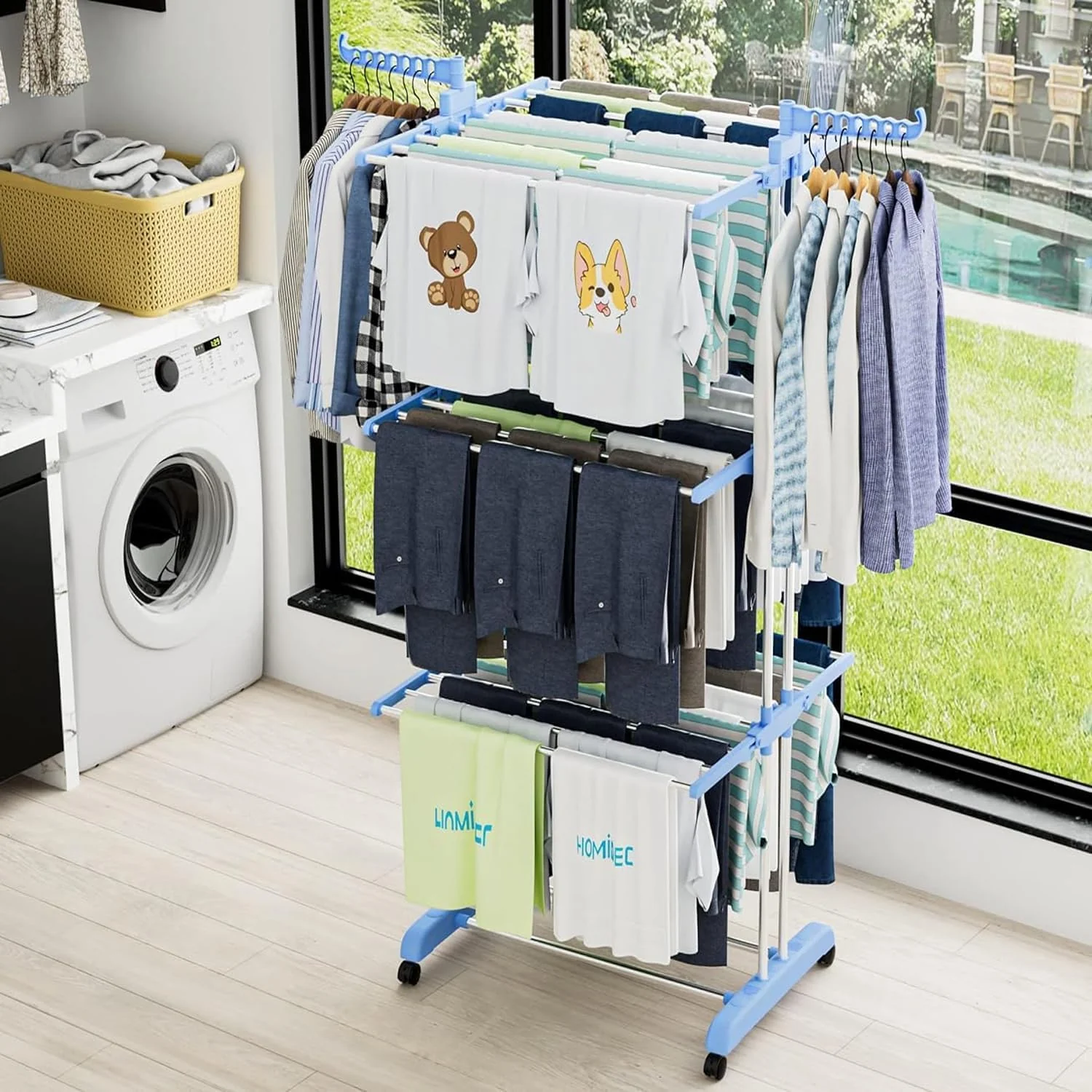 Lukzer 3-Tier Foldable Clothes Drying Rack with Wheels | Stainless Steel Laundry Stand | Space-Saving, Heavy-Duty, Rust-Resistant for Indoor Outdoor Use – Towels, Clothes, Bedsheets - Image 5