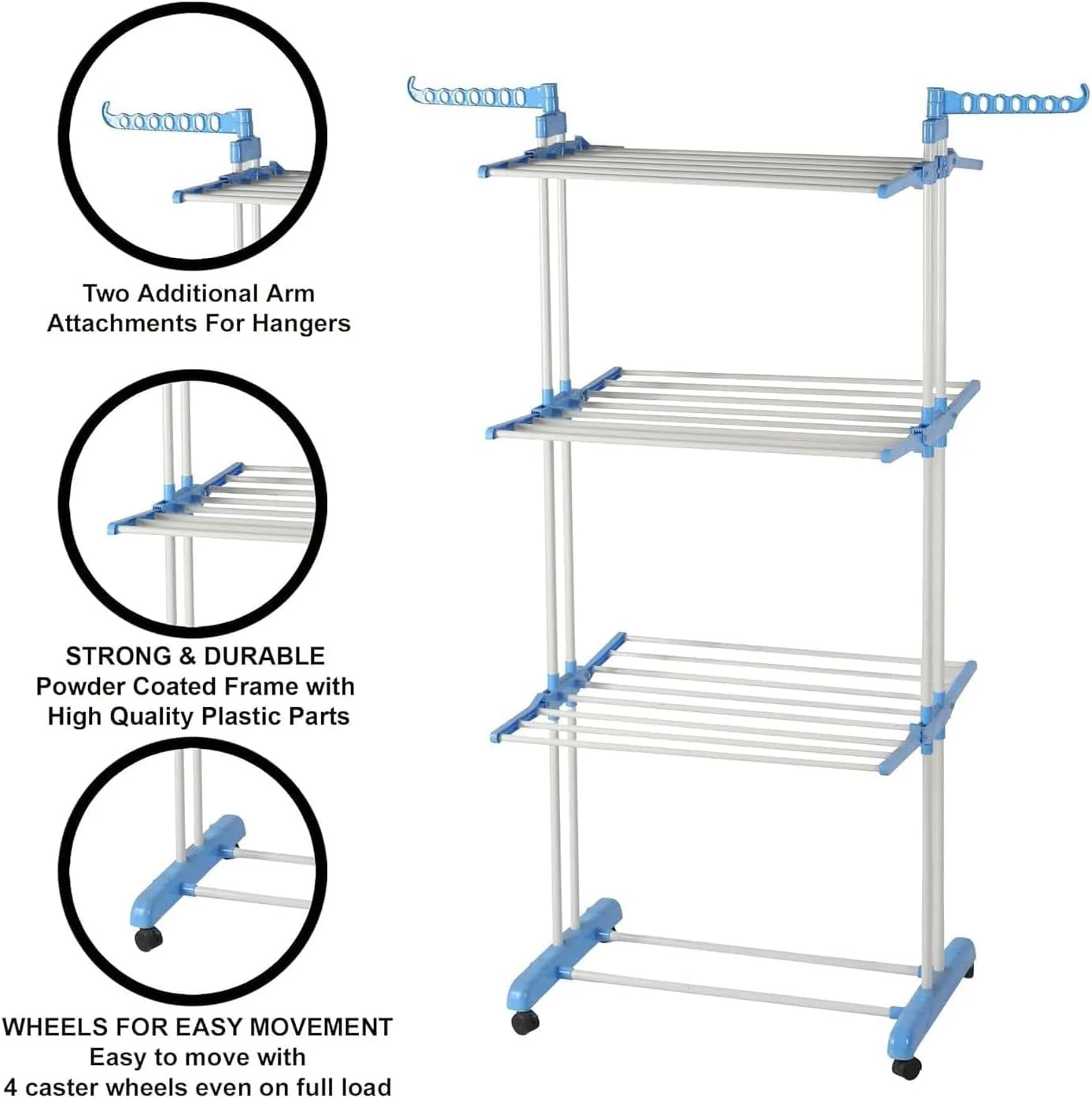 Lukzer 3-Tier Foldable Clothes Drying Rack with Wheels | Stainless Steel Laundry Stand | Space-Saving, Heavy-Duty, Rust-Resistant for Indoor Outdoor Use – Towels, Clothes, Bedsheets - Image 6