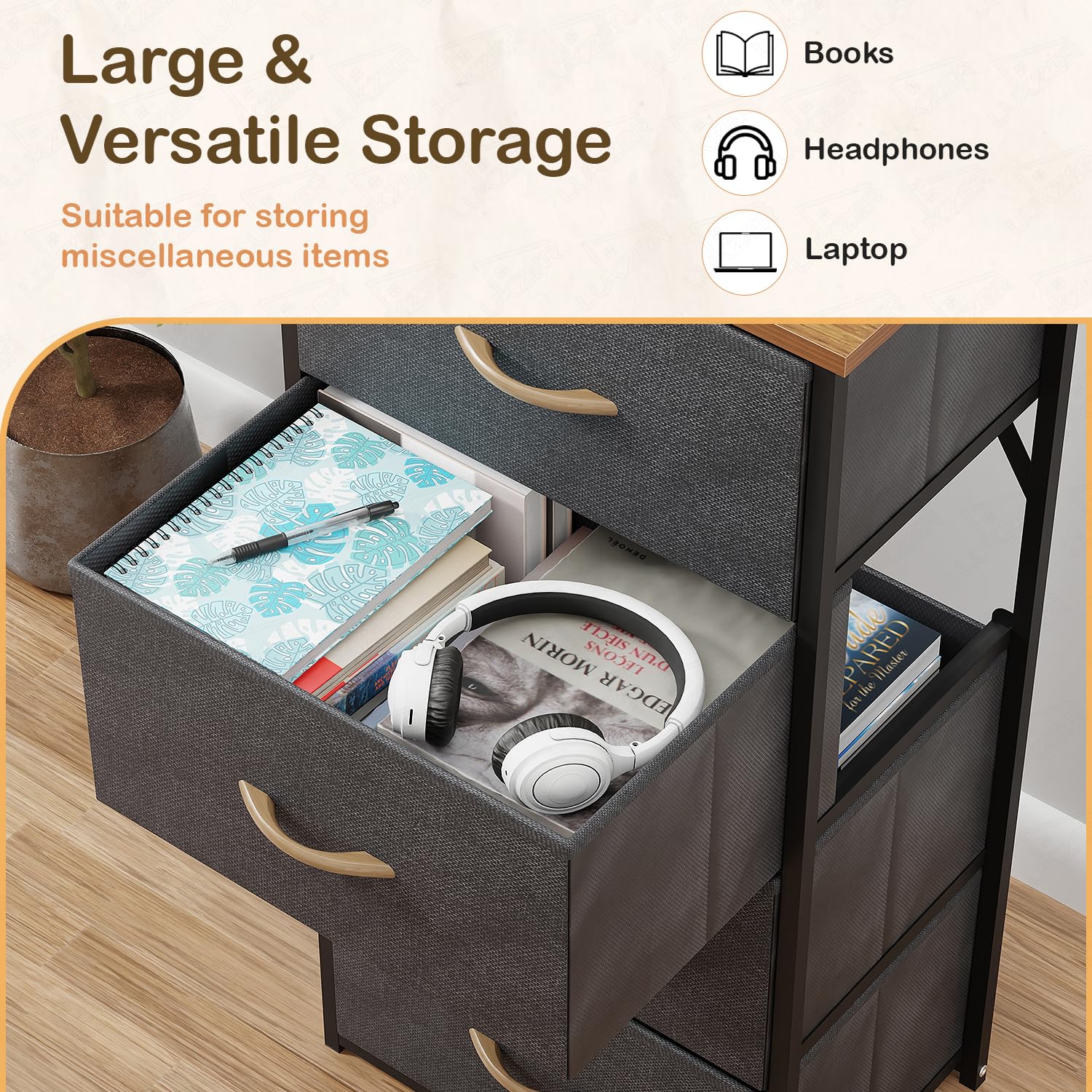 Lukzer 4-Drawer Fabric Storage Organizer for Closet (MMR-002/Black & Oak Brown) - Image 6