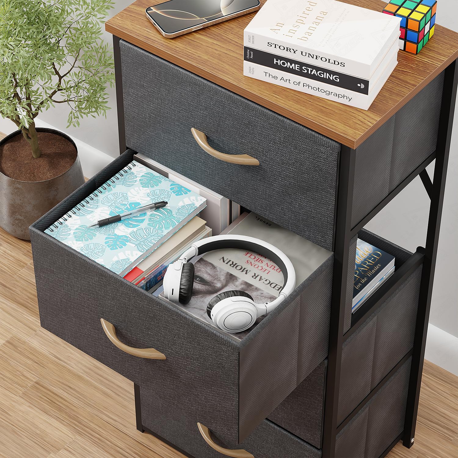 Lukzer 4-Drawer Fabric Storage Organizer for Closet (MMR-002/Black & Oak Brown) - Image 7