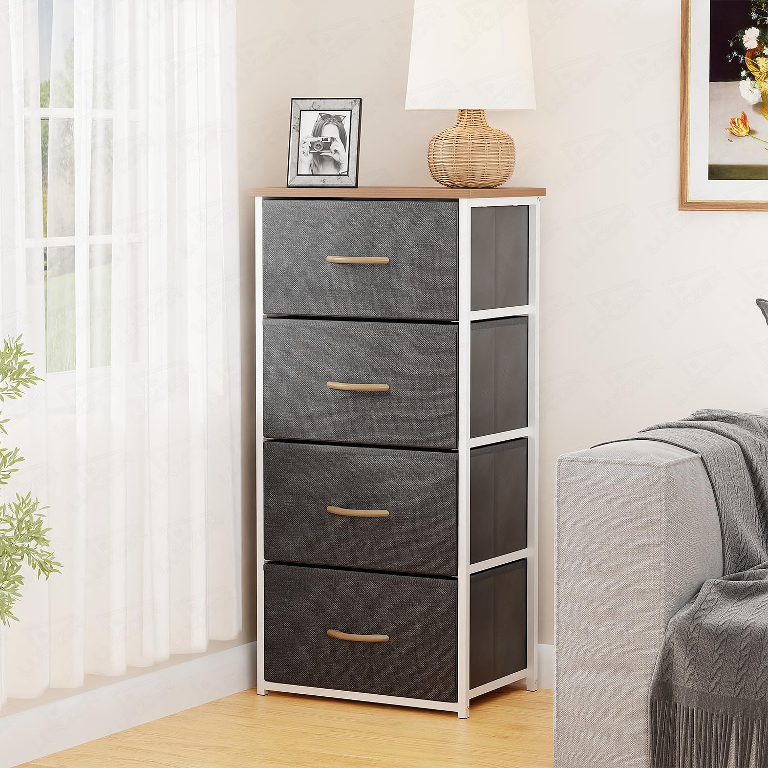 Lukzer 4-Drawer Fabric Storage Organizer for Closet (MMR-002/White & Oak Brown) - Image 4