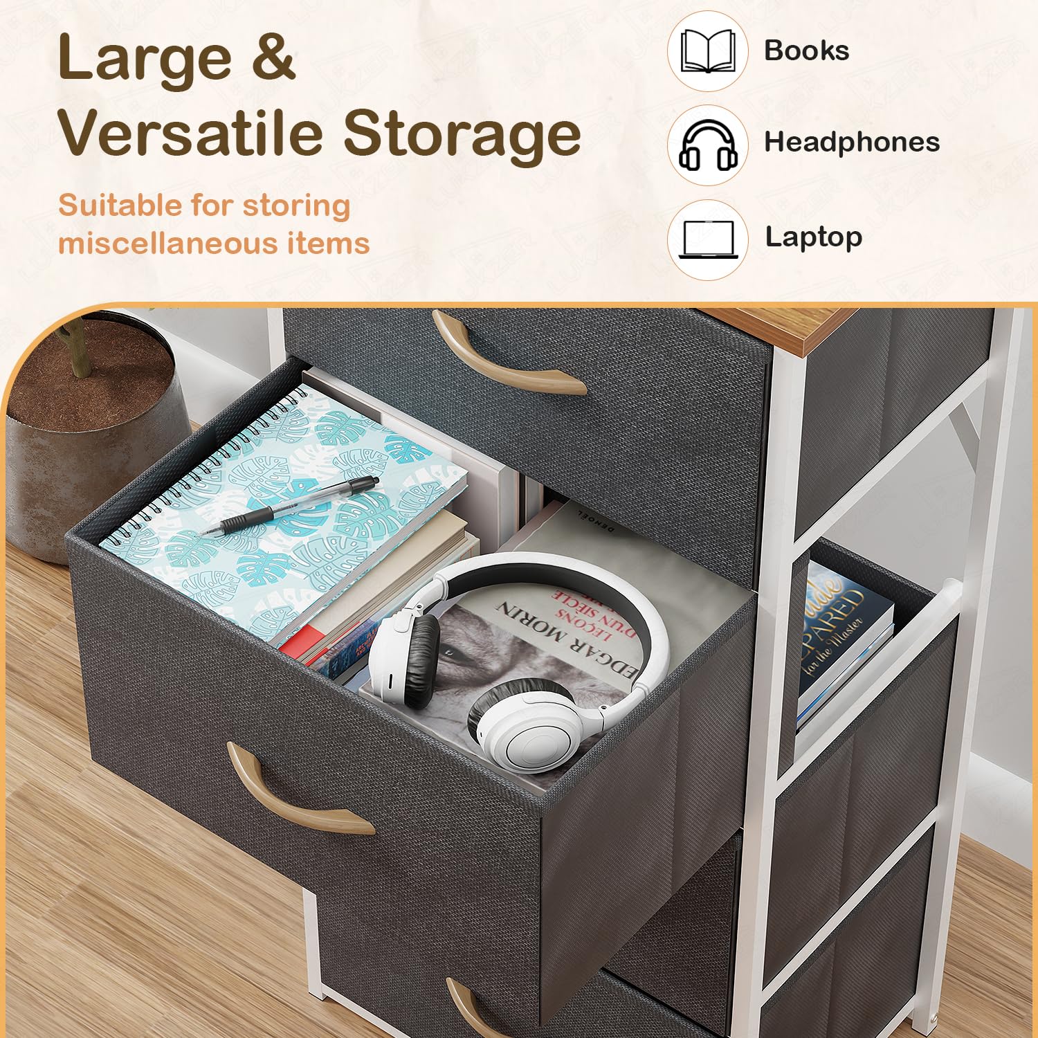 Lukzer 4-Drawer Fabric Storage Organizer for Closet (MMR-002/White & Oak Brown) - Image 5