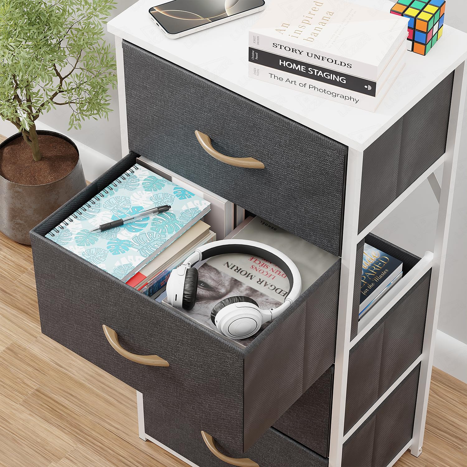 Lukzer 4-Drawer Fabric Storage Organizer for Closet (MMR-002/White & White) - Image 4