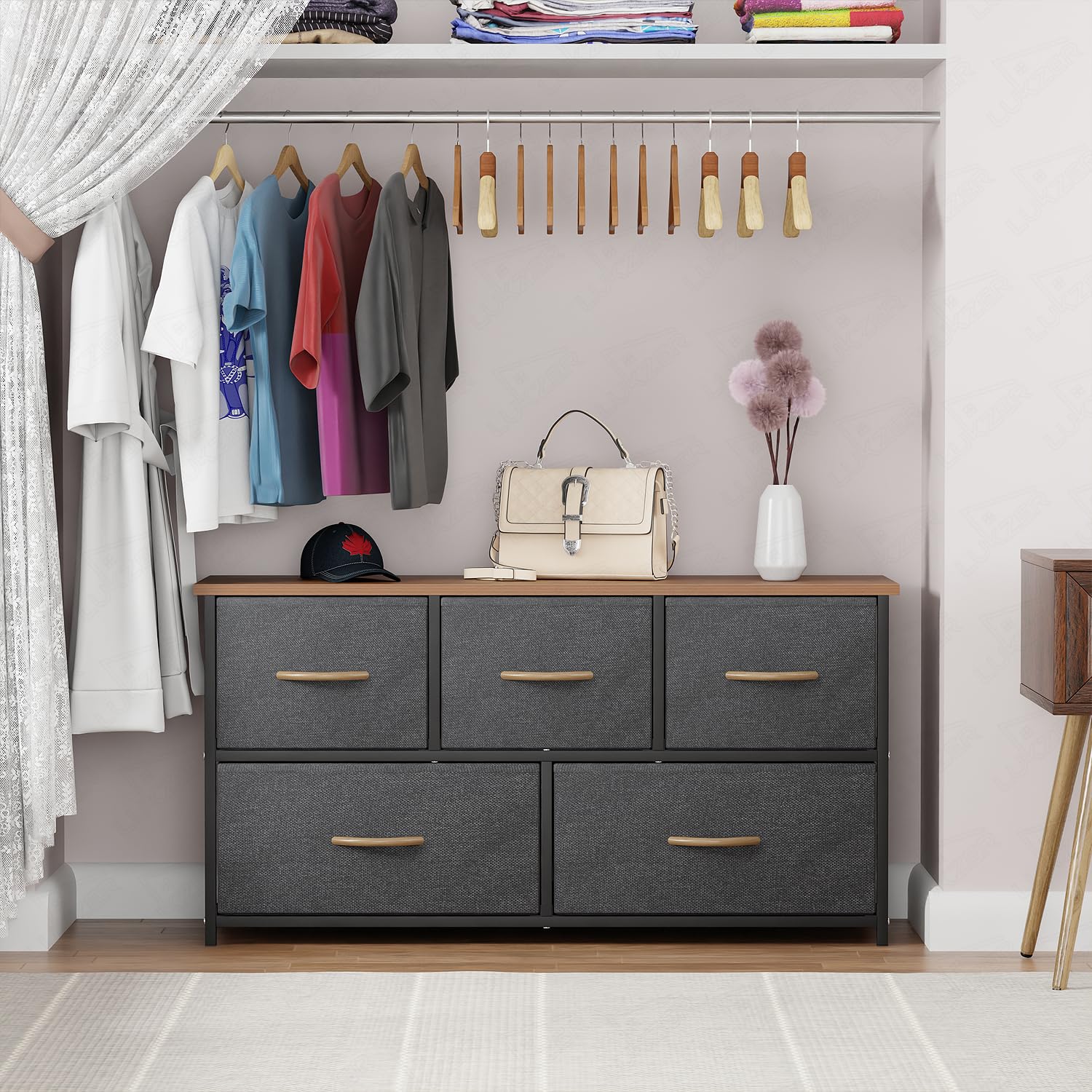 Lukzer 5-Drawer Fabric Storage Organizer for Closet (MMR-003/Black & Oak Brown) - Image 4