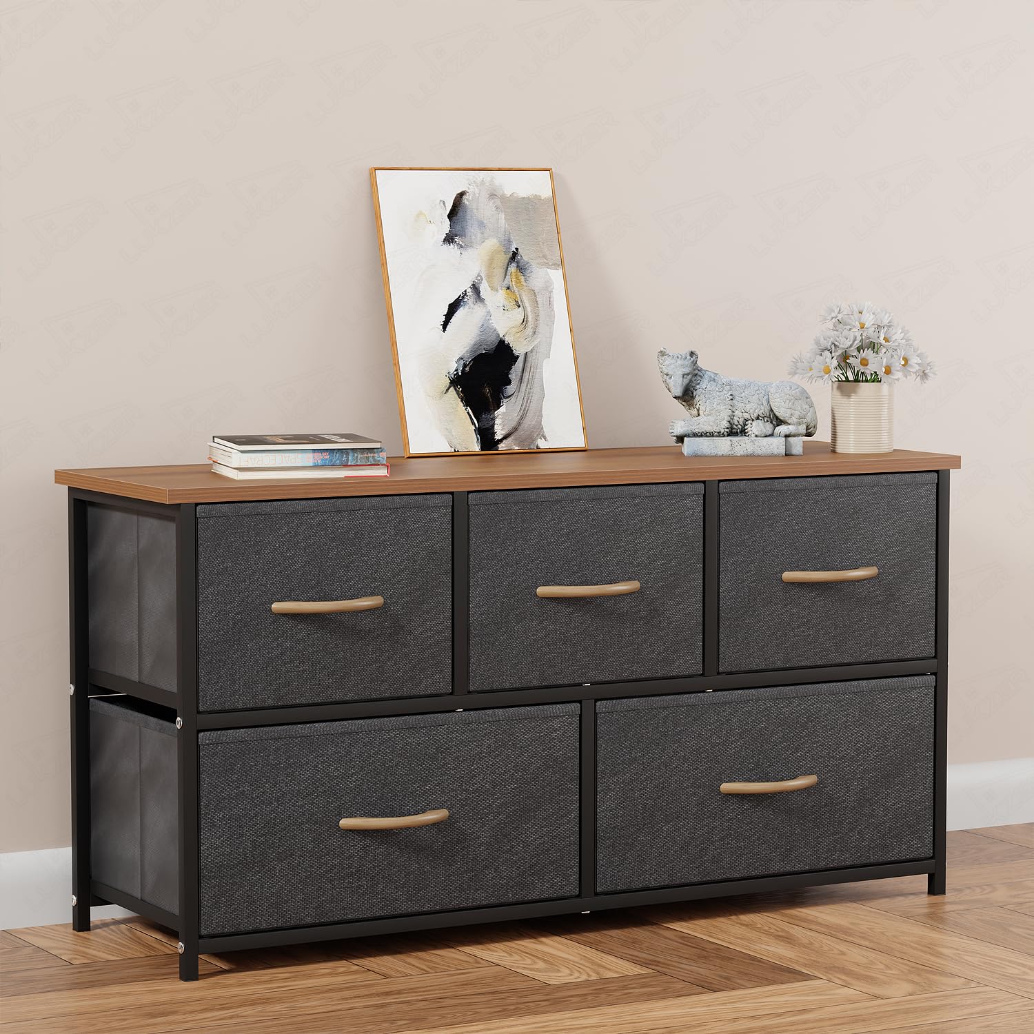 Lukzer 5-Drawer Fabric Storage Organizer for Closet (MMR-003/Black & Oak Brown) - Image 7