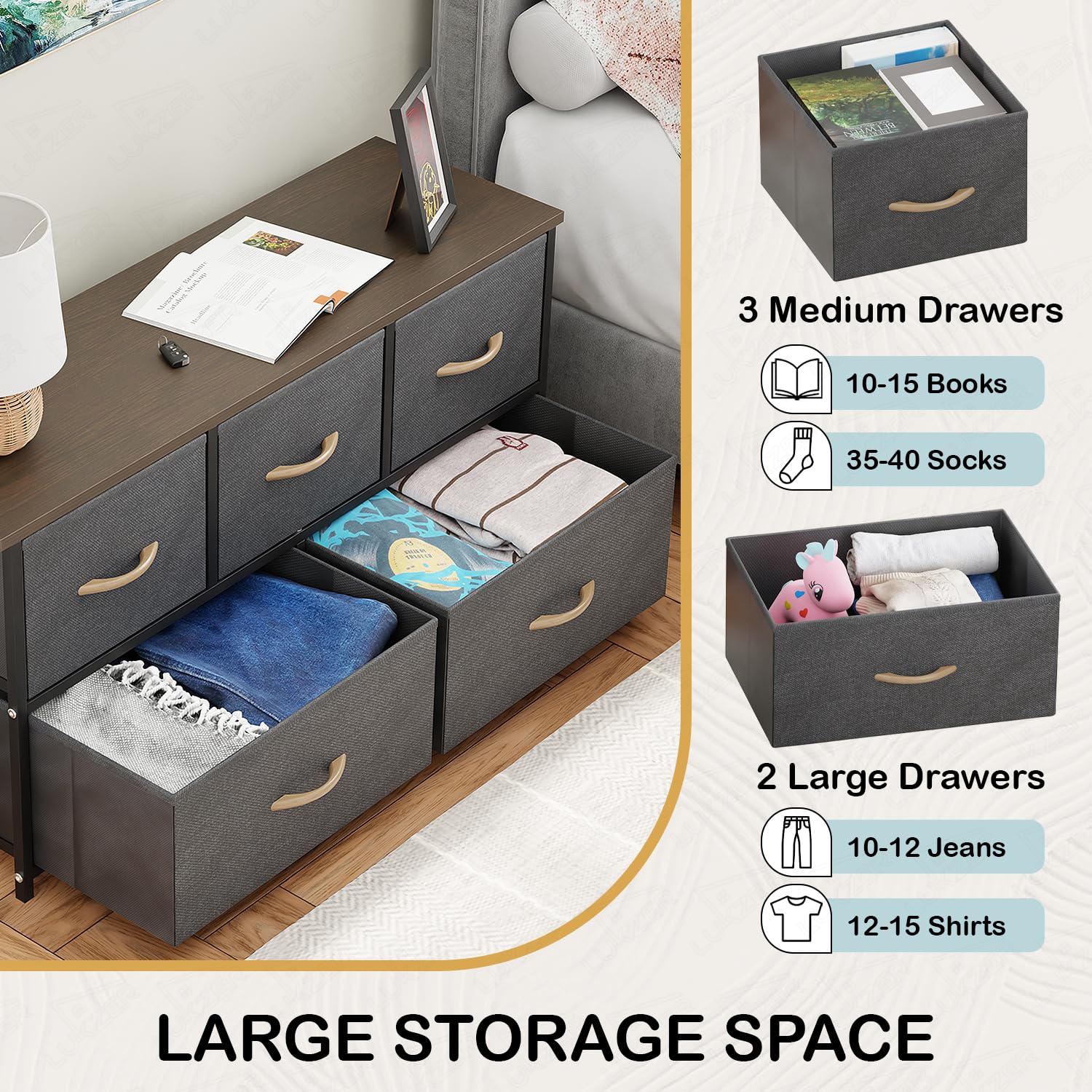 Lukzer 5-Drawer Fabric Storage Organizer for Closet (MMR-003/Black & Wenge) - Image 4