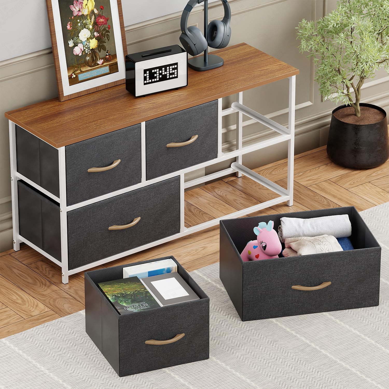 Lukzer 5-Drawer Fabric Storage Organizer for Closet (MMR-003/White & Oak Brown) - Image 10