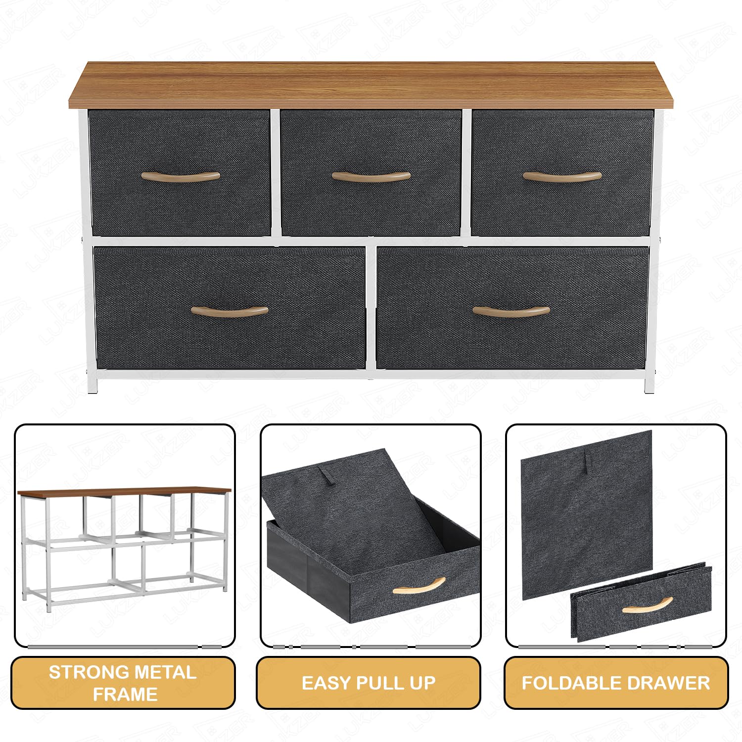 Lukzer 5-Drawer Fabric Storage Organizer for Closet (MMR-003/White & Oak Brown) - Image 4