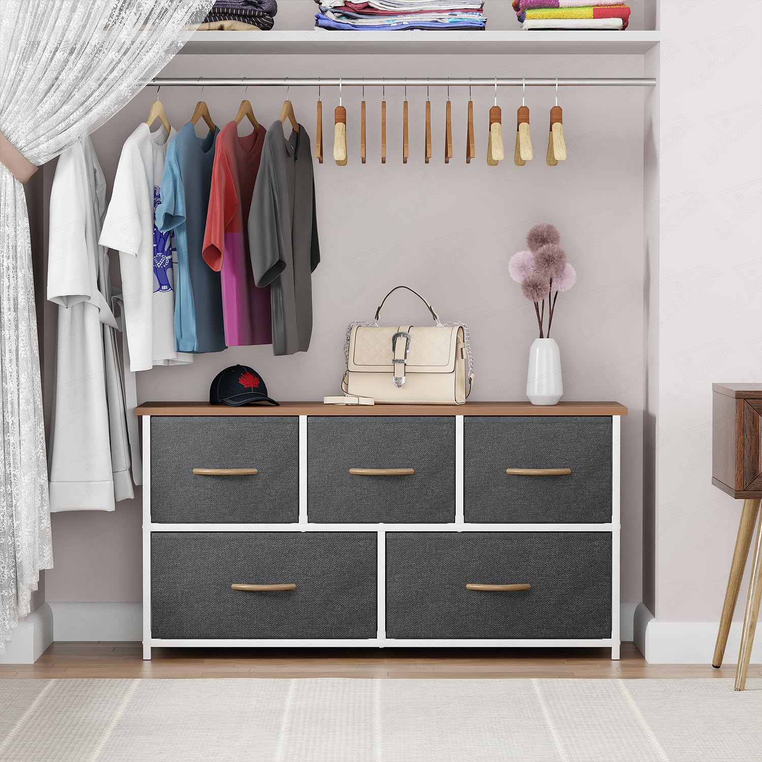 Lukzer 5-Drawer Fabric Storage Organizer for Closet (MMR-003/White & Oak Brown) - Image 5